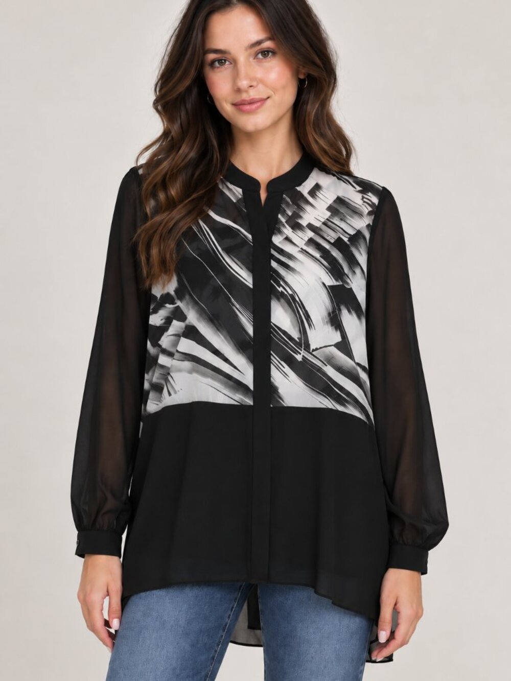 Vinrouge Canada Abstract Brushstroke Sheer Colorblock Tunic Blouse Medium